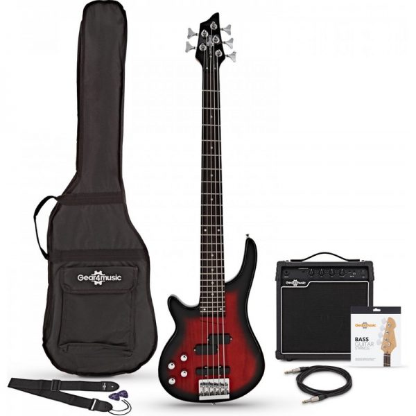 Chicago 5 String Left Handed Trans Red Bass + 15W Amp by Gear4music BGLH-CHG5-TRB-PACK 5055888837199