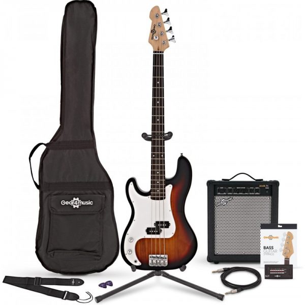 LA Left Handed Bass Guitar + 35W Amp Pack Sunburst 35WBASS-LH-PKSB 5055888838677
